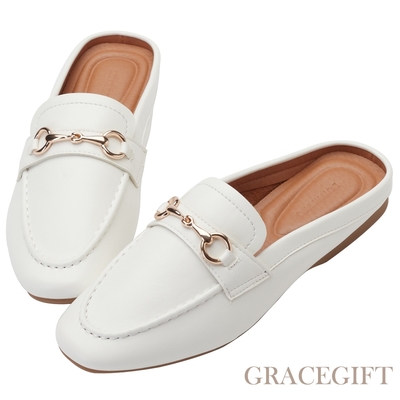 【Grace Gift】英倫時尚馬銜扣平底穆勒拖鞋 白