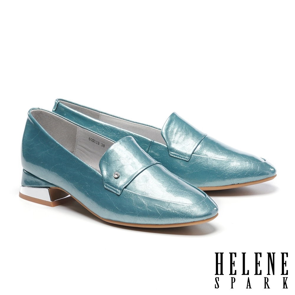 (季末換季出清)低跟鞋 HELENE SPARK 復古時髦金屬感白鑽樂福低跟鞋－藍