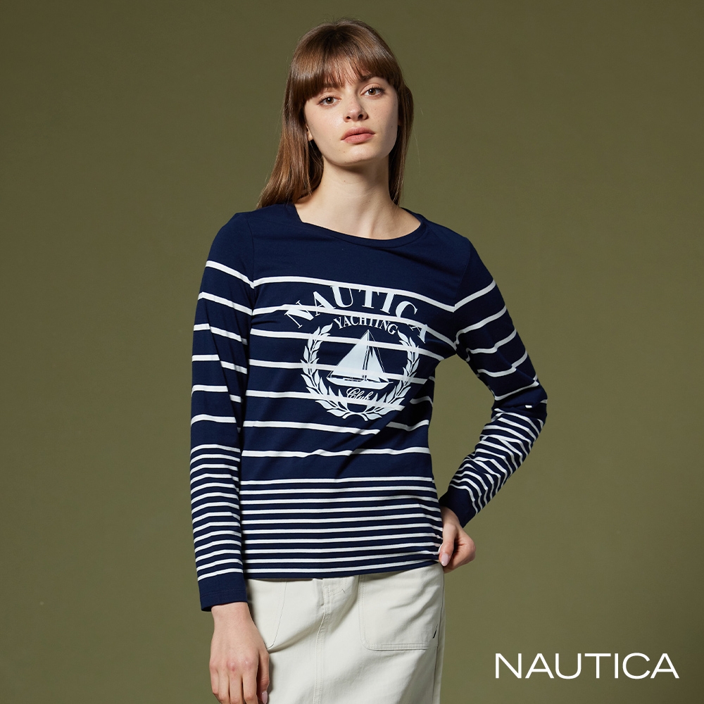 NAUTICA女裝 相間條紋休閒長袖T恤-深藍