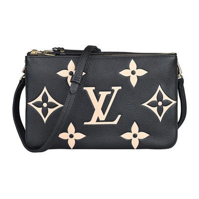 LV M80787 POCHETTE壓印LOGO Monogram牛皮雙拉鍊造型斜背包(黑x米)