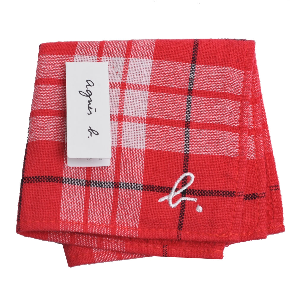 agnes b 優雅蘇格蘭格紋品牌b. LOGO刺繡圖騰小方巾(紅色)
