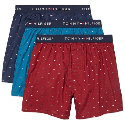 Tommy Hilfiger Cotton Classics Boxer 經典Logo 棉質寬鬆平口四角褲/Tommy內褲-酒紅、海軍藍、藍三入組