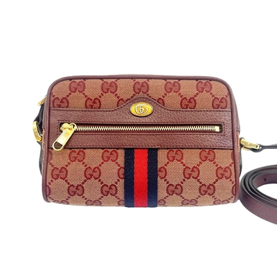 GUCCI 經典雙G LOGO MINI BAG Ophidia小牛皮配緹花拉鍊肩背/斜背包(博艮地紅/18CM)