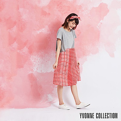 YVONNE COLLECTION 格紋拼接短袖洋裝-紅