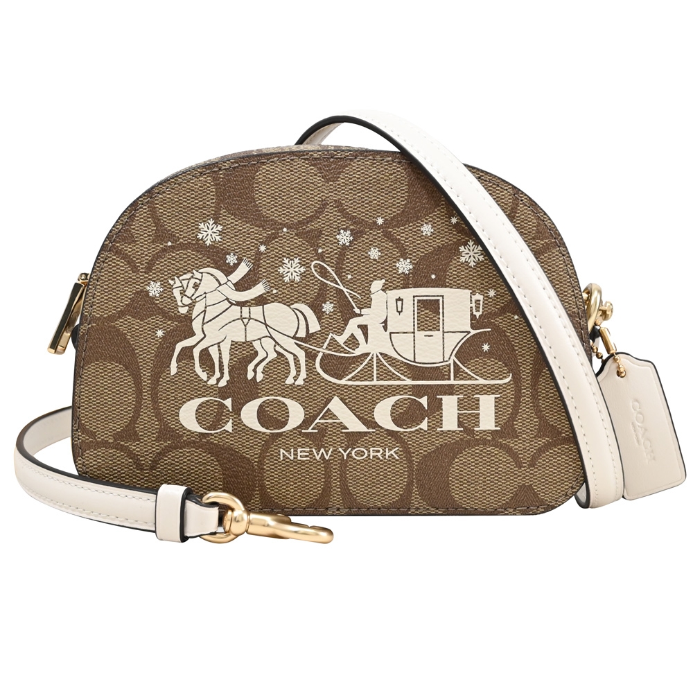 COACH Mini Serena 經典C LOGO馬車印花拉鍊斜背包(駝/白)