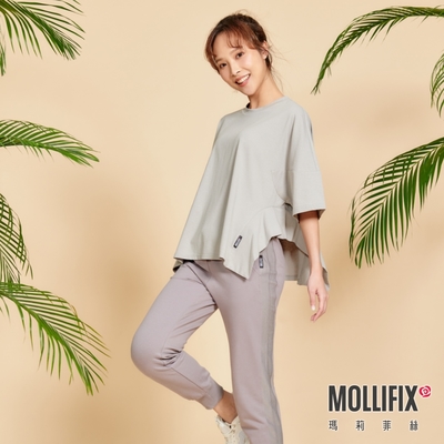 Mollifix 瑪莉菲絲 寬版不規則下擺短袖上衣 (灰) 暢貨出清、瑜珈服、背心、T恤