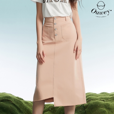 OUWEY歐薇 率性甜美抽鬚排釦純棉牛仔裙(粉色；S-L)32320