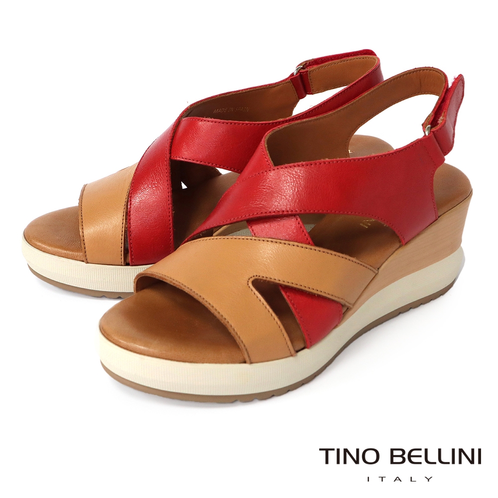 Tino Bellini 西班牙進口悠活漫步牛皮雙色拼接楔型涼鞋-紅
