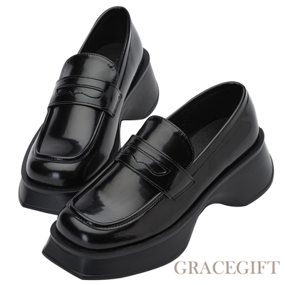 【Grace Gift】率性便仕厚底樂福鞋 黑漆