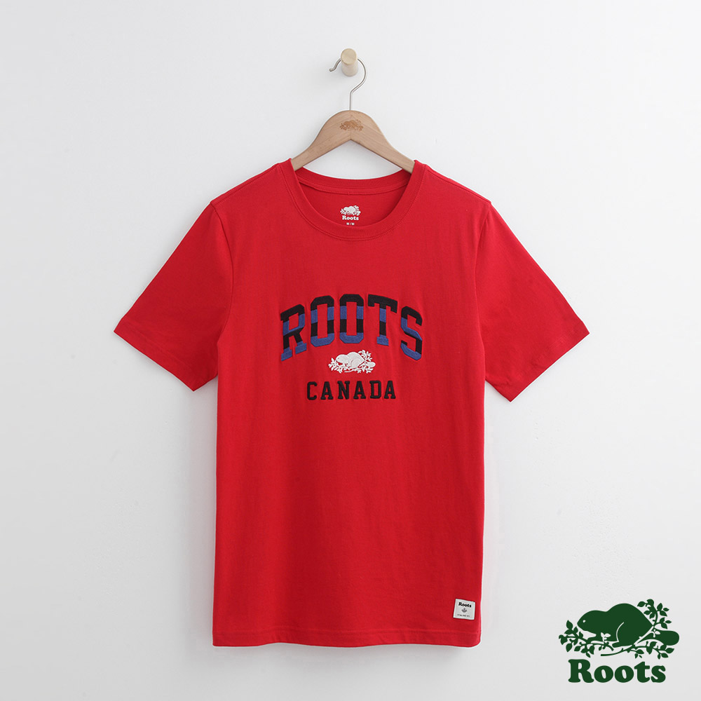 Roots 男裝-條紋字標短袖T恤-紅色