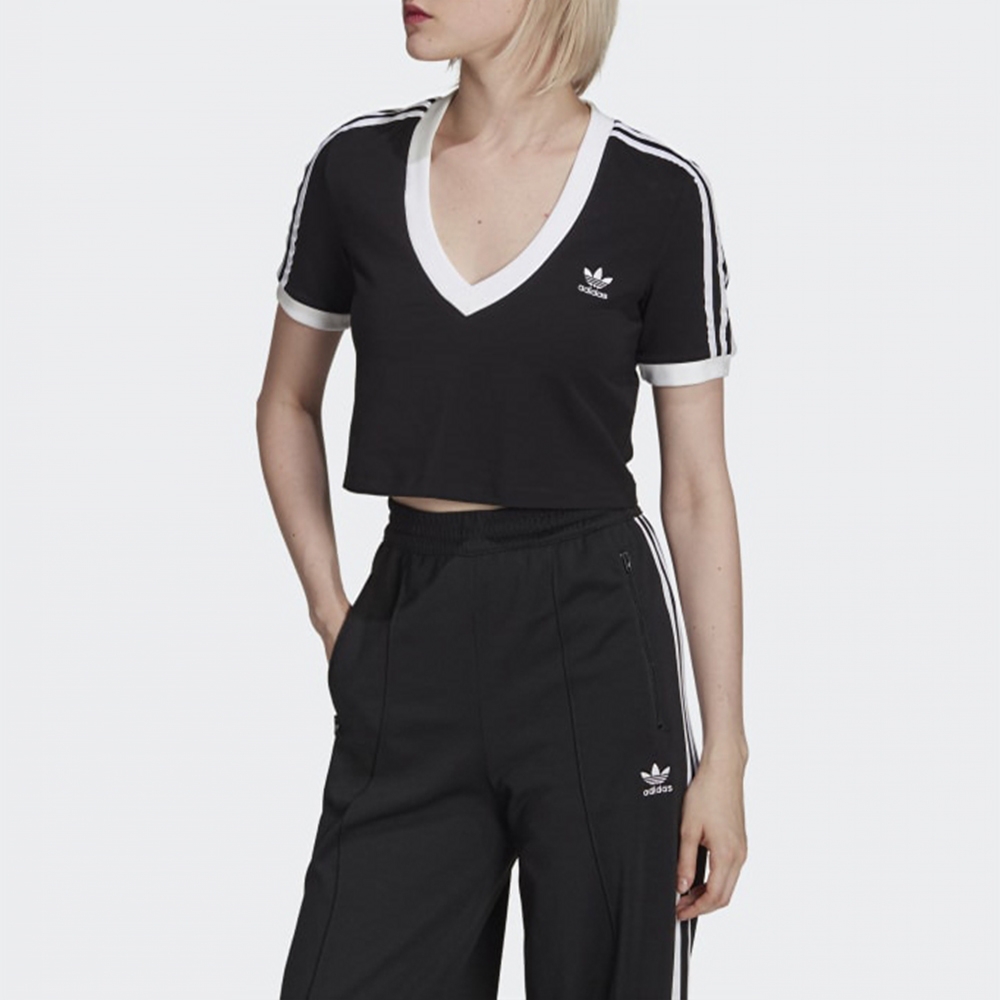 adidas 上衣 女款 短袖上衣 運動 短版 三葉草 國際碼 CROPPED TEE 黑 HC2040