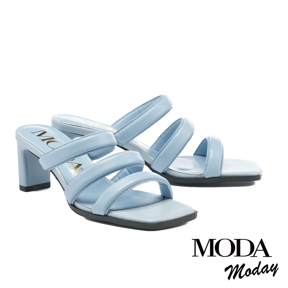 拖鞋 MODA MODAY 可愛蓬蓬感羊皮方頭高跟拖鞋－藍 product image 1