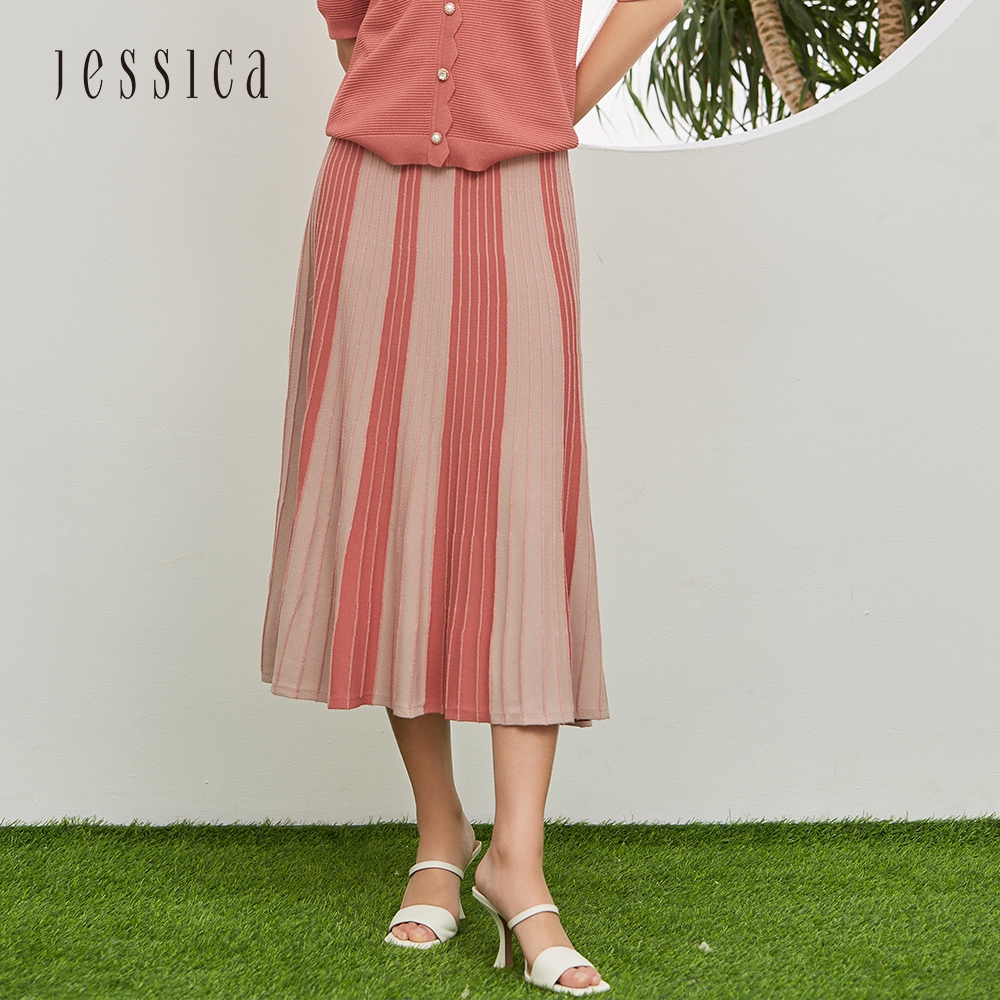 JESSICA - 百搭寬鬆撞色豎條紋針織長裙 2222D4（銅紅）
