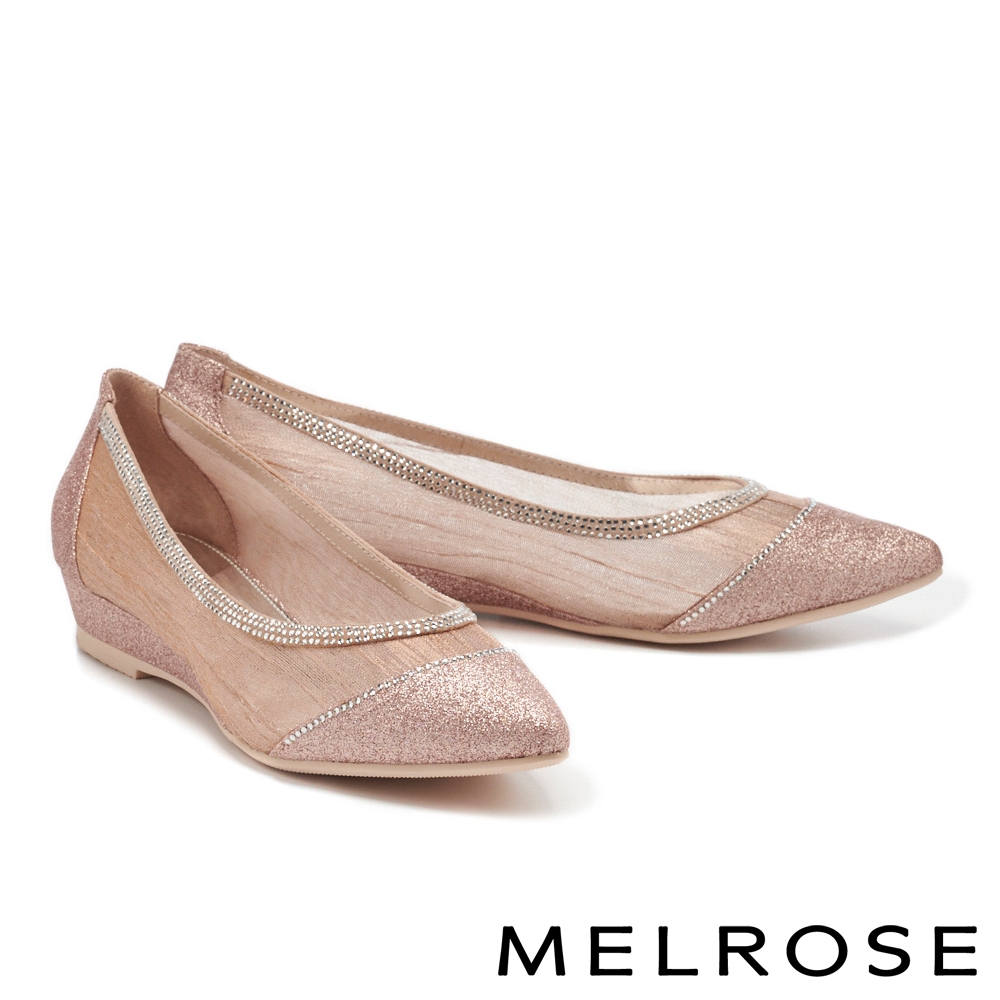 低跟鞋 MELROSE 迷人時尚晶鑽透膚網紗尖頭楔型低跟鞋－粉