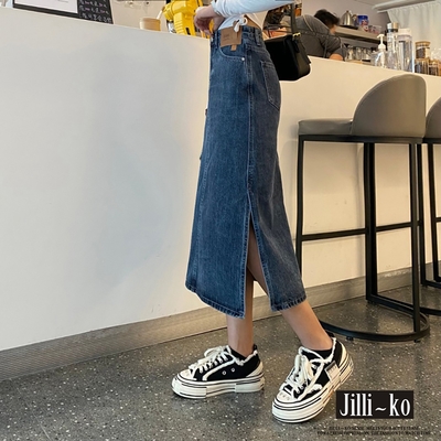 JILLI-KO 高腰開衩貼標設計感牛仔包臀裙 - 淺藍/深藍