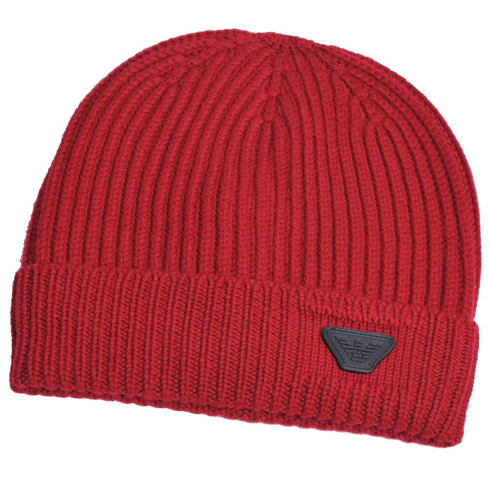 EMPORIO ARMANI 品牌老鷹LOGO圖騰皮標羊毛造型帽(櫻桃紅)