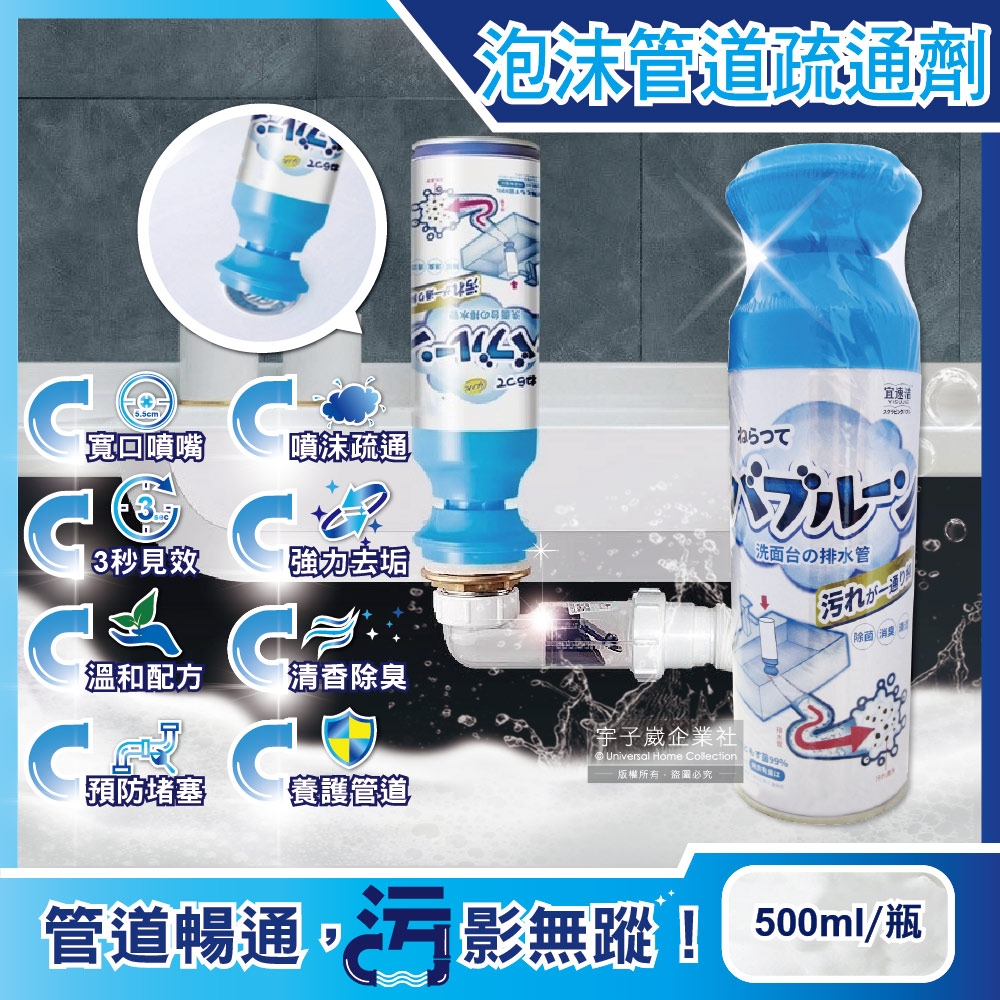 日本Clean-衛浴洗手台排水管疏通去垢除臭泡沫清潔劑500ml/瓶(寬口藍蓋瞬壓倒噴)