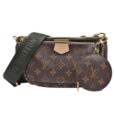 LV Louis Vuitton路易威登 M44813 Multi Pochette經典帆布牛皮飾邊提花肩帶混合式手拿/肩背包(綠)