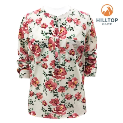 【hilltop山頂鳥】女款吸濕快乾抗UV彈性長袖襯衫S05F72卡其玫瑰印花