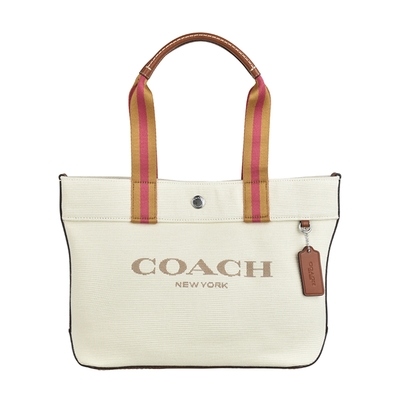 COACH 字母刺繡LOGO土黃x粉提把設計帆布釦式手提包(小/自然白)