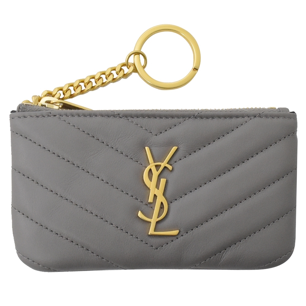 YSL Saint Laurent金屬LOGO羊皮V字車線鑰匙扣零錢包(灰)