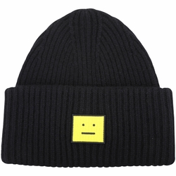 Acne Studios Face 黃色人臉刺繡徽章羊毛針織帽(黑色)