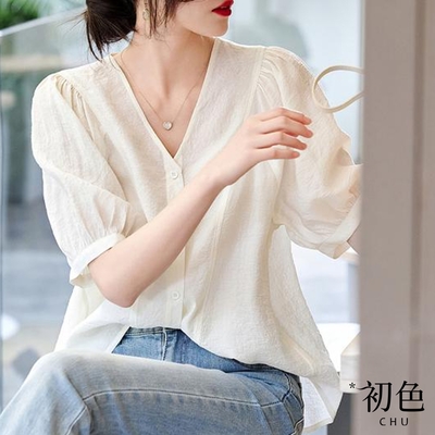 初色 V領輕薄純色短袖襯衫上衣-米白色-34085(M-2XL可選/現貨+預購)
