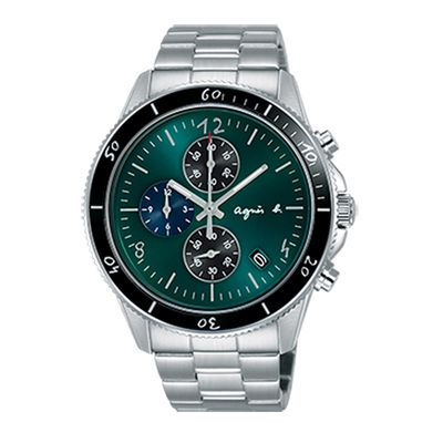 agnes b.手寫時標三眼計時腕錶-綠x銀-43mm(VK67-KXB0G/B7A005X1)