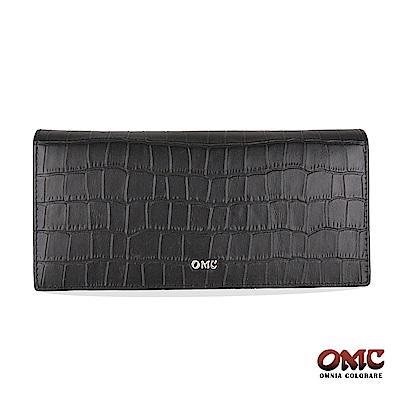 OMC 進口牛皮-鱷魚紋二折式12卡雙透明窗零錢長夾-黑色