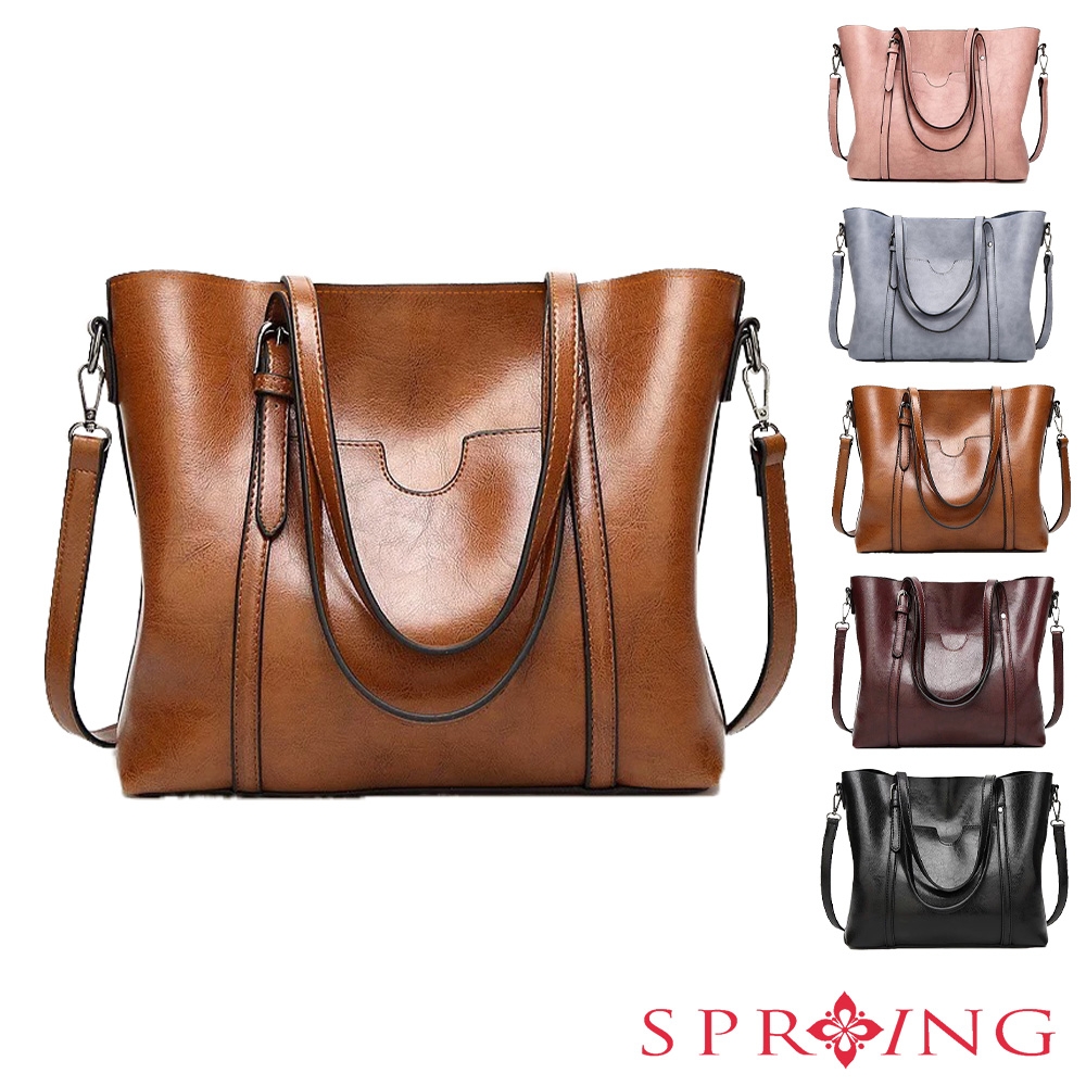 SPRING-經典皮革托特包手提包斜背包大方包商務皮革公事包-多色