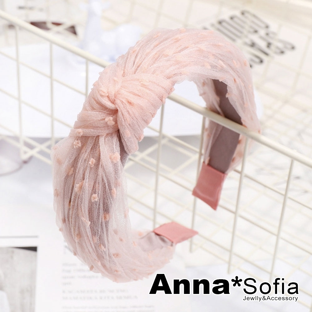 AnnaSofia 皺透紗點中央結 韓式寬髮箍(柔粉系)