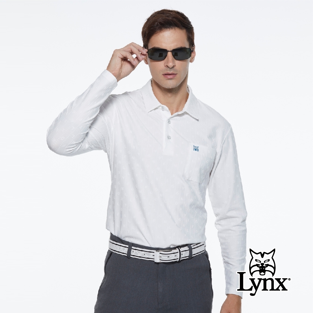 【Lynx Golf】男款吸汗速乾抗UV緹花布料胸袋款長袖POLO衫-牙白色