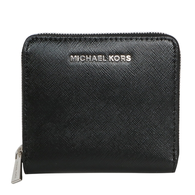 MICHAEL KORS JET SET亮面防刮皮革銀色LOGO拉鍊短夾(黑) (展示品)