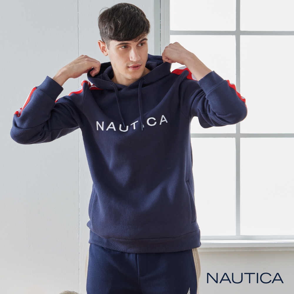 Nautica 男裝 經典撞色刷毛長袖帽T-藍