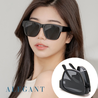 ALEGANT時尚船領黑可折疊收納設計全罩式寶麗來偏光墨鏡/外掛式UV400太陽眼鏡(包覆式/車用太陽眼鏡)