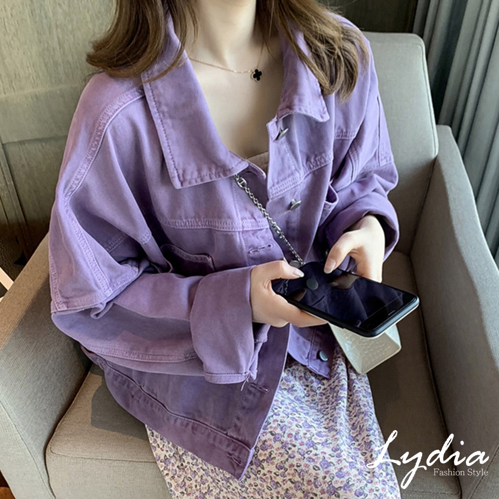 【Lydia】韓版休閒寬鬆顯瘦紫色短版牛仔外套(魯冰花紫 F)