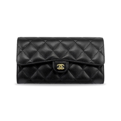 CHANEL 香奈兒 經典金色雙C LOGO菱格粒紋牛皮暗釦長夾(黑色)