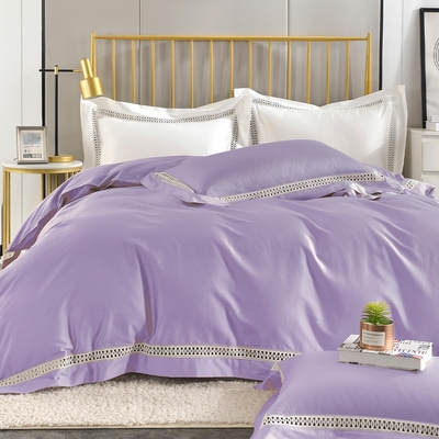 Betrise華棠紫 典雅系列 加大 頂級300織精梳長絨棉素色鏤空四件式被套床包組