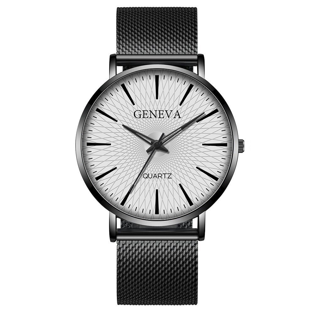 Geneva 日內瓦-莫里斯網紋簡約刻度米蘭帶手錶-黑帶白盤黑框/40mm