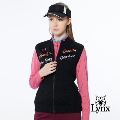 【Lynx Golf】女款保暖羊毛混紡彩色文字緹花領緣配色無袖立領背心-黑色