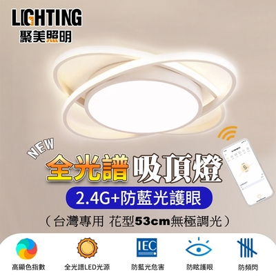 【聚美照明】APP吸頂燈 128W全光譜led吸頂燈 防藍光護眼 三色遙控無極調光（53cm黑/白兩色可選）