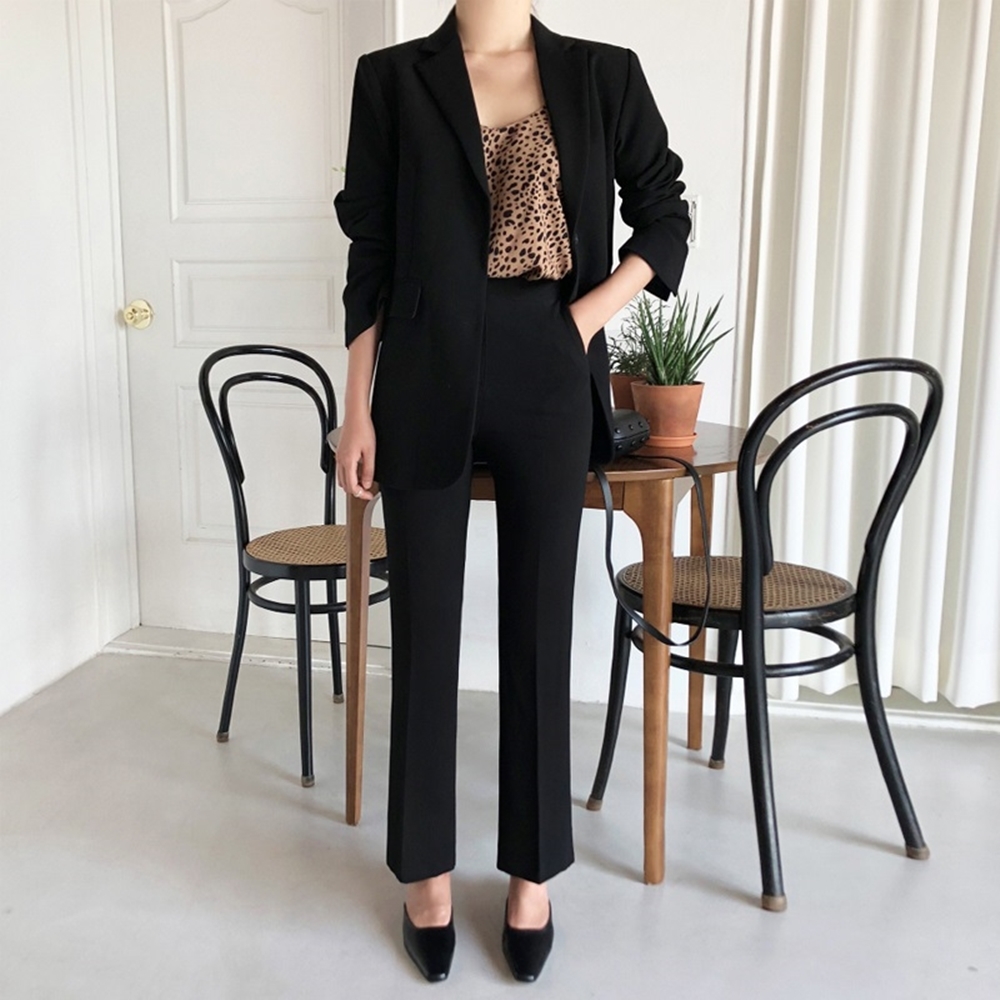 米蘭精品 西裝外套西裝褲兩件套-黑色休閒寬鬆時尚女職業套裝73xs30
