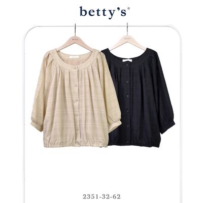 betty’s貝蒂思 下擺鬆緊抽皺格紋落肩圓領襯衫(共二色)