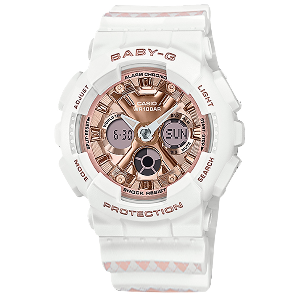 Baby-G CASIO 卡西歐 雙顯 時尚格紋 計時 防水 運動橡膠手錶-玫瑰金x白/43mm