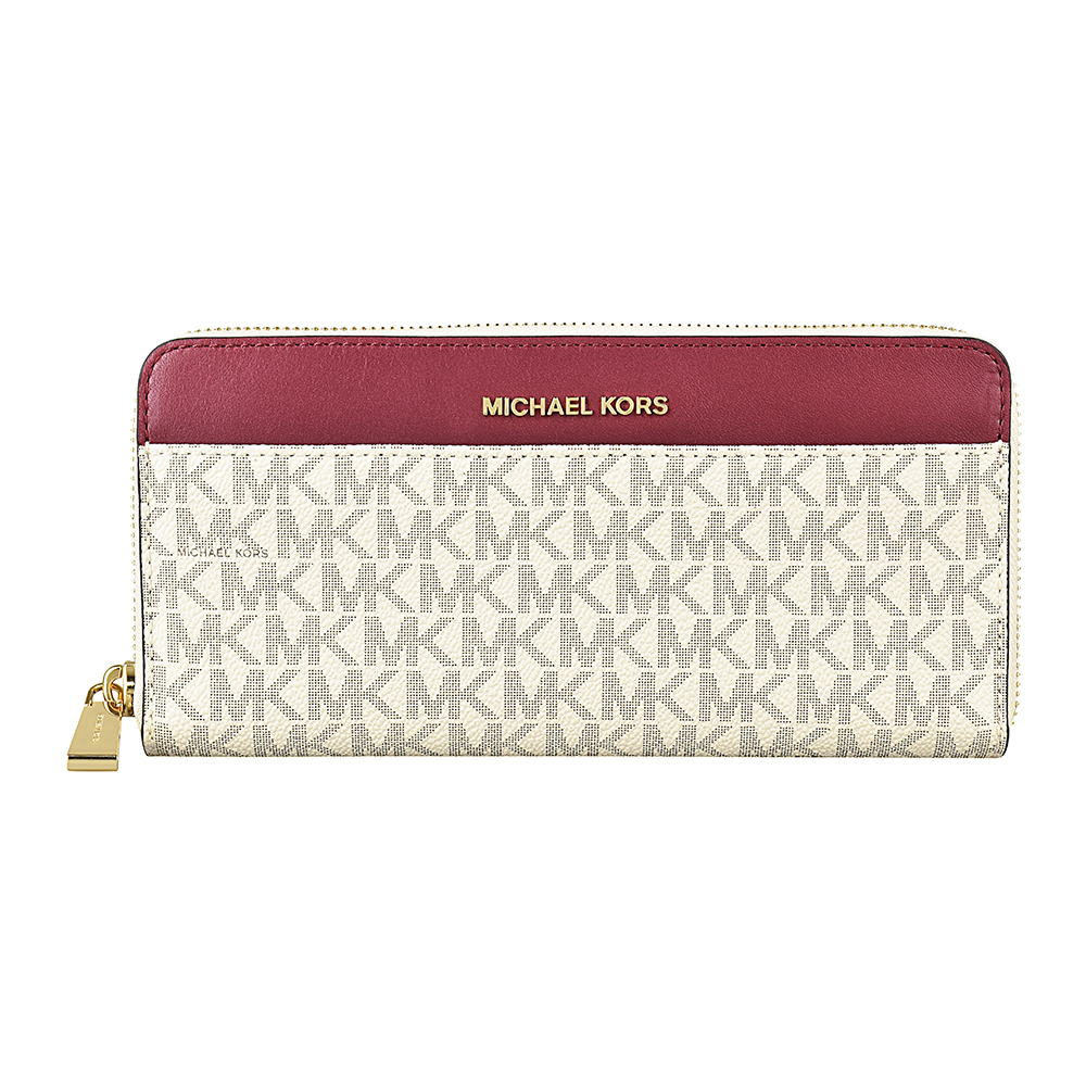 MICHAEL KORS MERCER金字LOGO雙色皮革雙口袋拉鍊長夾(桑葚紅X米)