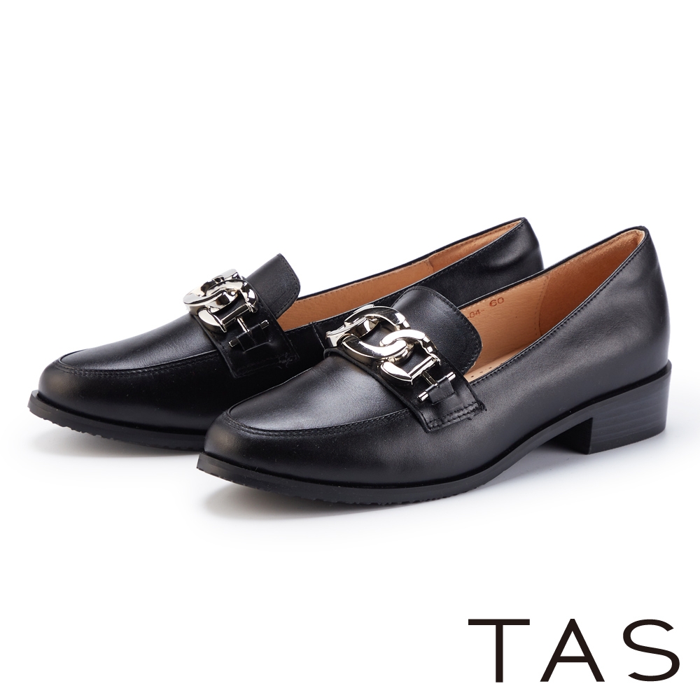 TAS 牛皮金屬鍊飾低跟樂福鞋 黑色
