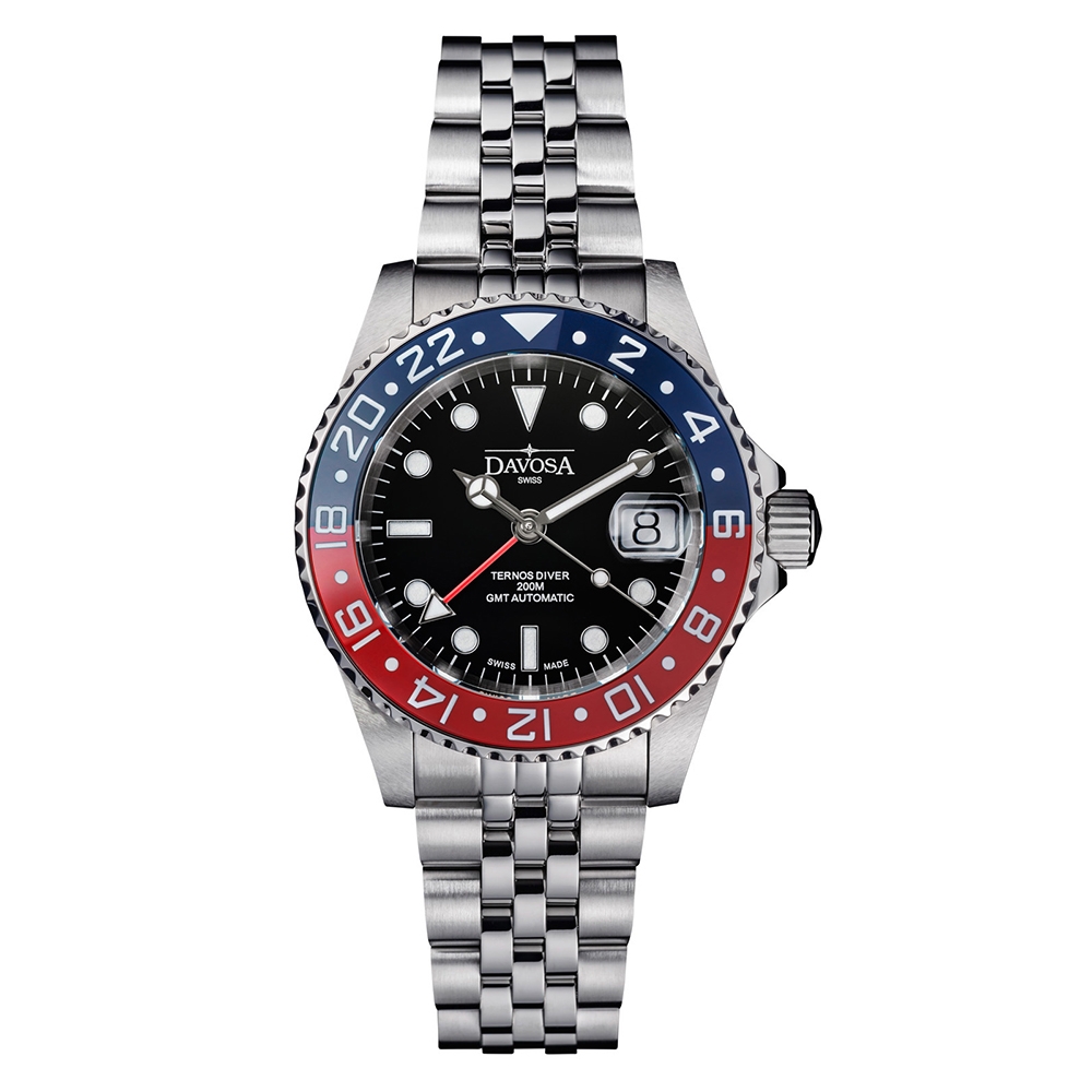 DAVOSA 161.590.06 40mm TT GMT 雙時區潛水專用?錶-藍紅雙色/五銖鋼帶款