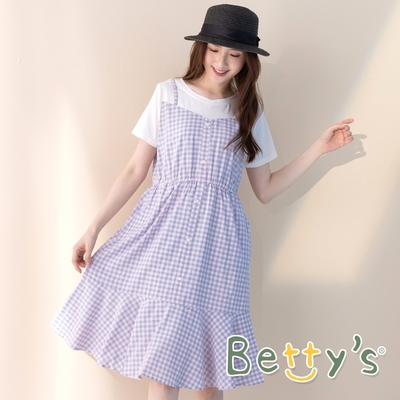betty’s貝蒂思　彩格拼接假2件洋裝 (粉藍格)