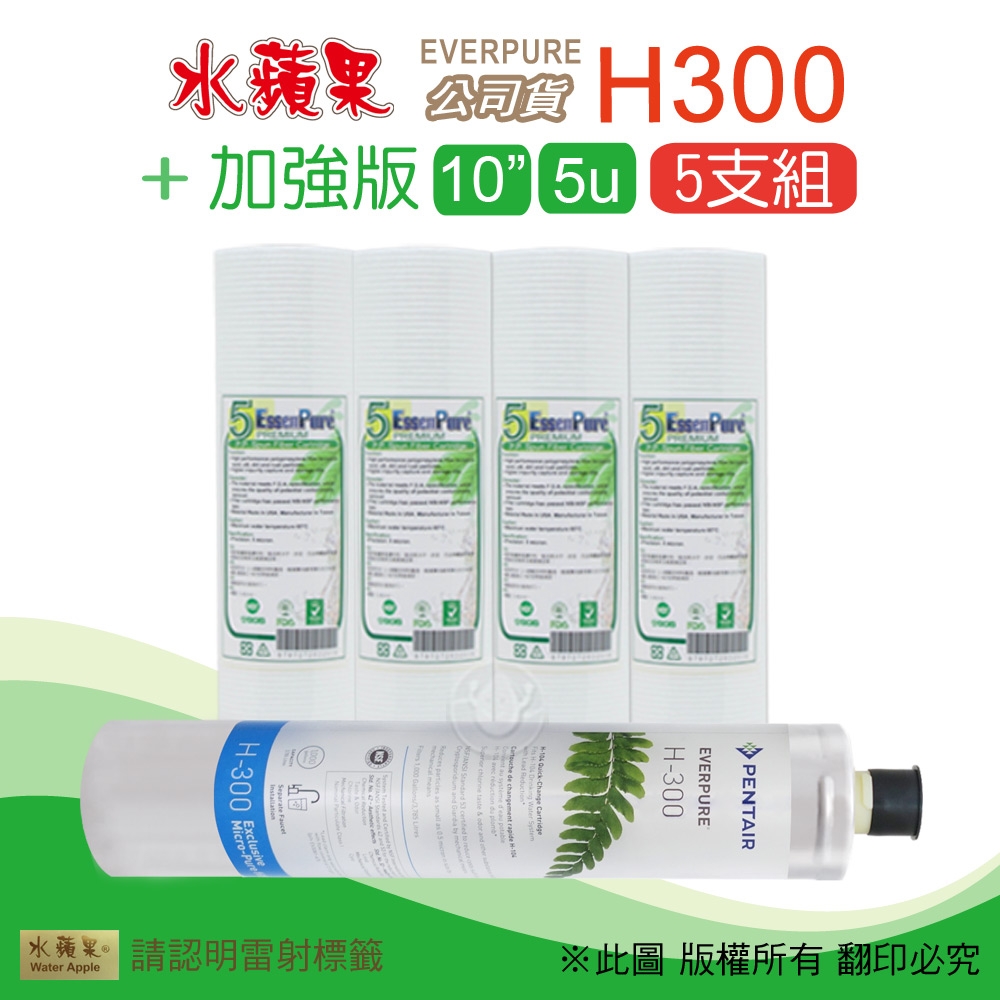 【水蘋果】Everpure H300 公司貨濾心+加強版10英吋5微米PP濾心(5支組)