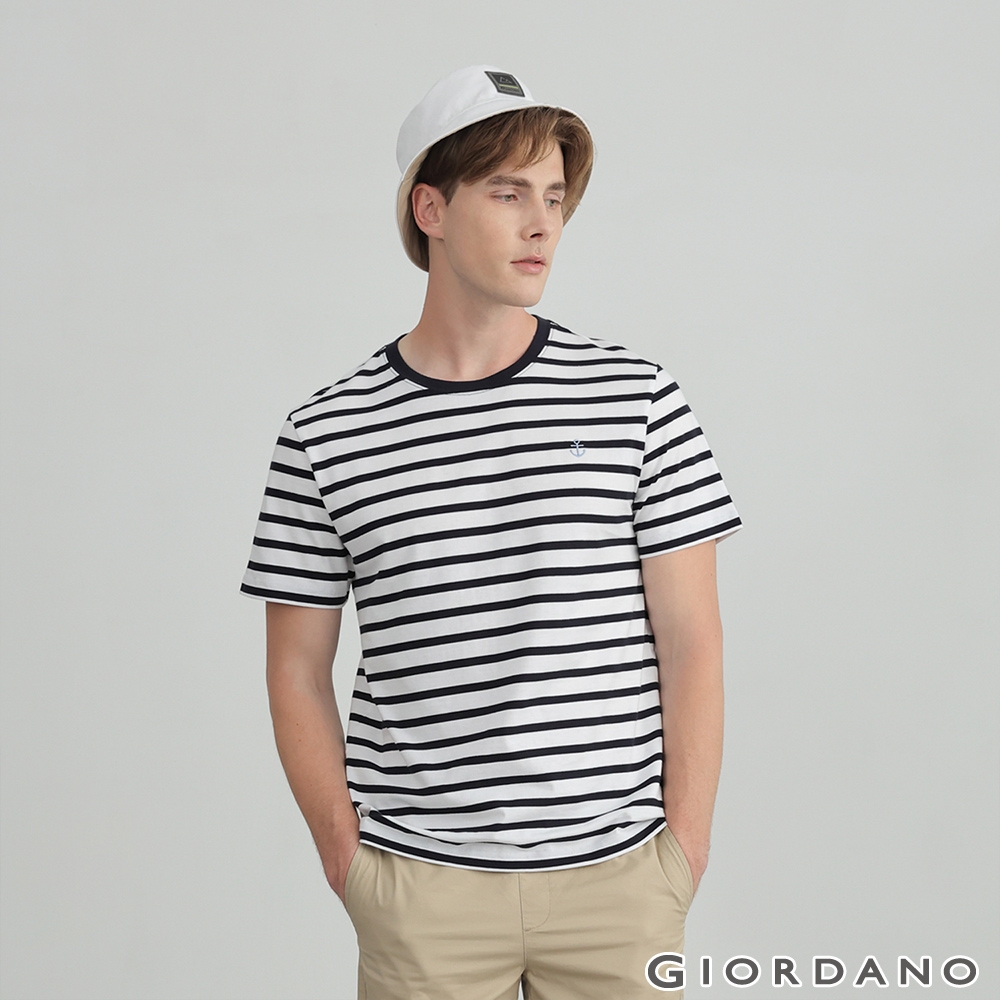 GIORDANO 男裝船錨刺繡條紋短袖T恤 - 01 雪白X標誌海軍藍